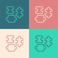 Pop art line Puzzle pieces toy icon isolated on color background. Vector Royalty Free Stock Photo