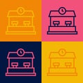 Pop art line Railway station icon isolated on color background. Vector