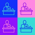 Pop art line Receptionist standing at hotel reception desk icon isolated on color background. Vector