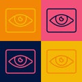 Pop art line Red eye effect icon isolated on color background. Eye redness sign. Inflammatory disease of eyes. Vector Royalty Free Stock Photo