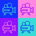 Pop art line Retro cinema camera icon isolated on color background. Video camera. Movie sign. Film projector. Vector Royalty Free Stock Photo