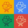 Pop art line Retro cinema camera icon isolated on color background. Video camera. Movie sign. Film projector. Vector Royalty Free Stock Photo