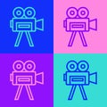 Pop art line Retro cinema camera icon isolated on color background. Video camera. Movie sign. Film projector. Vector Royalty Free Stock Photo
