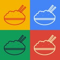 Pop art line Rice in a bowl with chopstick icon isolated on color background. Traditional Asian food. Vector