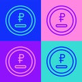 Pop art line Rouble, ruble currency coin icon isolated on color background. Russian symbol. Vector