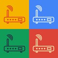 Pop art line Router and wi-fi signal icon isolated on color background. Wireless ethernet modem router. Computer