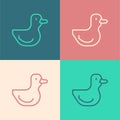 Pop art line Rubber duck icon isolated on color background. Vector