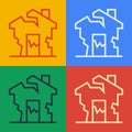 Pop art line Ruined house icon isolated on color background. Broken house. Derelict home. Abandoned home. Vector