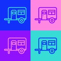 Pop art line Rv Camping trailer icon isolated on color background. Travel mobile home, caravan, home camper for travel