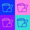 Pop art line Sand in bucket with shovel icon isolated on color background. Plastic kid toy. Summer icon. Vector Royalty Free Stock Photo