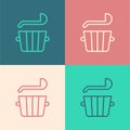 Pop art line Sauna bucket and ladle icon isolated on color background. Vector
