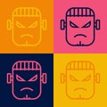 Pop art line Scary monster - Frankenstein face icon isolated on color background. Happy Halloween party. Vector Royalty Free Stock Photo