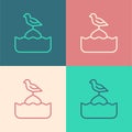 Pop art line Seagull sits on a buoy in the sea icon isolated on color background. Vector