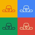 Pop art line Sheriff hat with badge icon isolated on color background. Vector