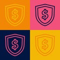 Pop art line Shield with dollar symbol icon isolated on color background. Security shield protection. Money security Royalty Free Stock Photo