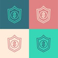 Pop art line Shield with dollar symbol icon isolated on color background. Security shield protection. Money security Royalty Free Stock Photo