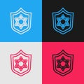 Pop art line Shield with Star of David icon isolated on color background. Jewish religion symbol. Symbol of Israel Royalty Free Stock Photo
