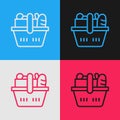 Pop art line Shopping basket and food icon isolated on color background. Food store, supermarket. Vector