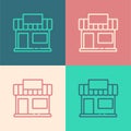 Pop art line Shopping building or market store icon isolated on color background. Shop construction. Vector Royalty Free Stock Photo