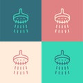 Pop art line Shower head with water drops flowing icon isolated on color background. Vector