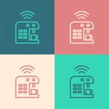 Pop art line Smart coffee machine system icon isolated on color background. Internet of things concept with wireless Royalty Free Stock Photo