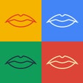 Pop art line Smiling lips icon isolated on color background. Smile symbol. Vector