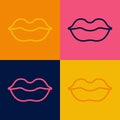 Pop art line Smiling lips icon isolated on color background. Smile symbol. Vector