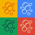 Pop art line Soap water bubbles icon isolated on color background. Vector