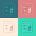 Pop art line Software, web developer programming code icon isolated on color background. Javascript computer script
