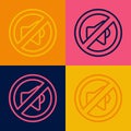 Pop art line Speaker mute icon isolated on color background. No sound icon. Volume Off symbol. Vector Royalty Free Stock Photo