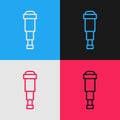 Pop art line Spyglass telescope lens icon isolated on color background. Sailor spyglass. Vector