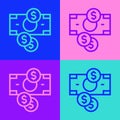 Pop art line Stacks paper money cash and coin money with dollar symbol icon isolated on color background. Money Royalty Free Stock Photo