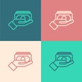Pop art line Stacks paper money cash in hand icon isolated on color background. Insurance concept. Money banknotes Royalty Free Stock Photo