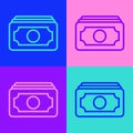Pop art line Stacks paper money cash icon isolated on color background. Money banknotes stacks. Bill currency. Vector Royalty Free Stock Photo