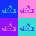 Pop art line Submarine icon isolated on color background. Military ship. Vector