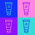 Pop art line Sunscreen cream in tube icon isolated on color background. Protection for the skin from solar ultraviolet