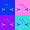 Pop Art Line Swiss Army Knife Icon Isolated On Color Background. Multi-tool, Multipurpose Penknife. Multifunctional Tool