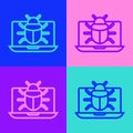Pop art line System bug on monitor icon isolated on color background. Code bug concept. Bug in the system. Bug searching. Vector Royalty Free Stock Photo