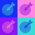 Pop art line Target with arrow icon isolated on color background. Dart board sign. Archery board icon. Dartboard sign Royalty Free Stock Photo