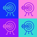 Pop art line Target with arrow icon isolated on color background. Dart board sign. Archery board icon. Dartboard sign Royalty Free Stock Photo