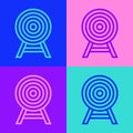 Pop art line Target with arrow icon isolated on color background. Dart board sign. Archery board icon. Dartboard sign Royalty Free Stock Photo