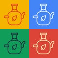 Pop art line Teapot with leaf icon isolated on color background. Vector