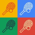 Pop art line Tennis racket with ball icon isolated on color background. Sport equipment. Vector Royalty Free Stock Photo