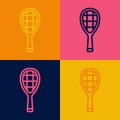 Pop art line Tennis racket icon isolated on color background. Sport equipment. Vector Royalty Free Stock Photo