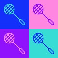 Pop art line Tennis racket icon isolated on color background. Sport equipment. Vector Illustration Royalty Free Stock Photo