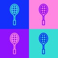 Pop art line Tennis racket icon isolated on color background. Sport equipment. Vector Illustration Royalty Free Stock Photo