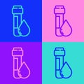 Pop art line Test tube with water drop icon isolated on color background. Vector Illustration