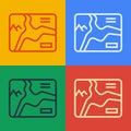 Pop art line Topographic map with route and coordinates icon isolated on color background. Vector