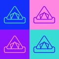Pop art line Tourist tent icon isolated on color background. Camping symbol. Vector