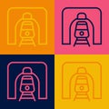 Pop art line Train in railway tunnel icon isolated on color background. Railroad tunnel. Vector Royalty Free Stock Photo